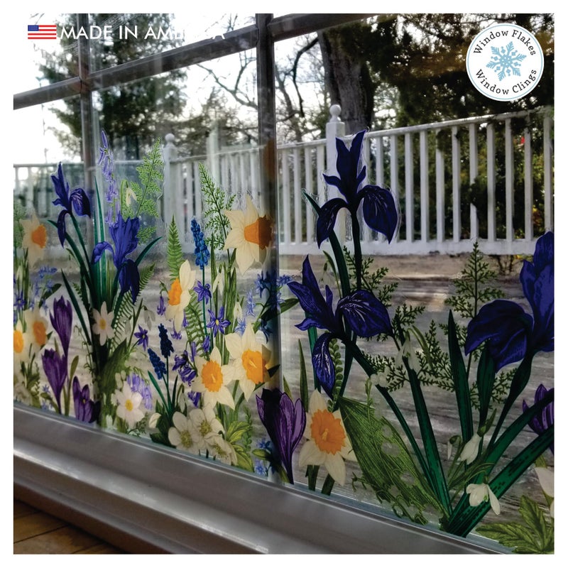 Window Flakes ملصق نافذة زهور الربيع النباتية. زعفران، سرخس، نرجس، زهور الثلج. ديكور منزلي للزجاج. ملصق فينيل ربيعي. صنع في أمريكا. - Image 5